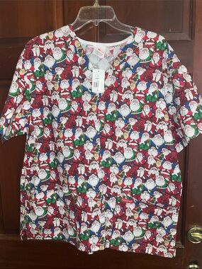 Peaches Uniforms Santa Print Women’s Pajama Top - Red/Green/White/Blue